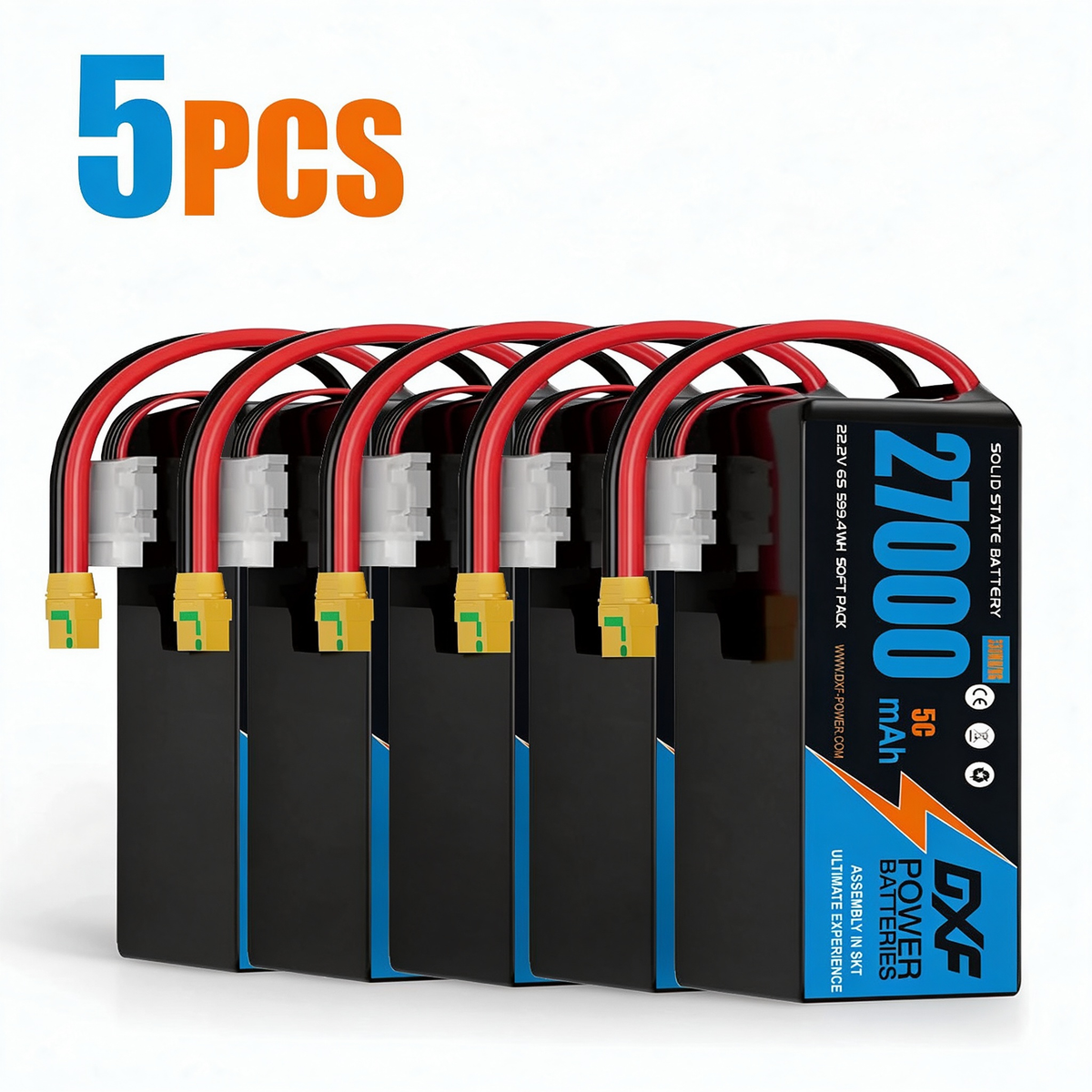 DXF 6S 22.2V 27000mAh 5C Soft Case LiPo Battery with 8AWG Wire for Toy Cars, Boats, UAVs & Drones (1-6 Pack)