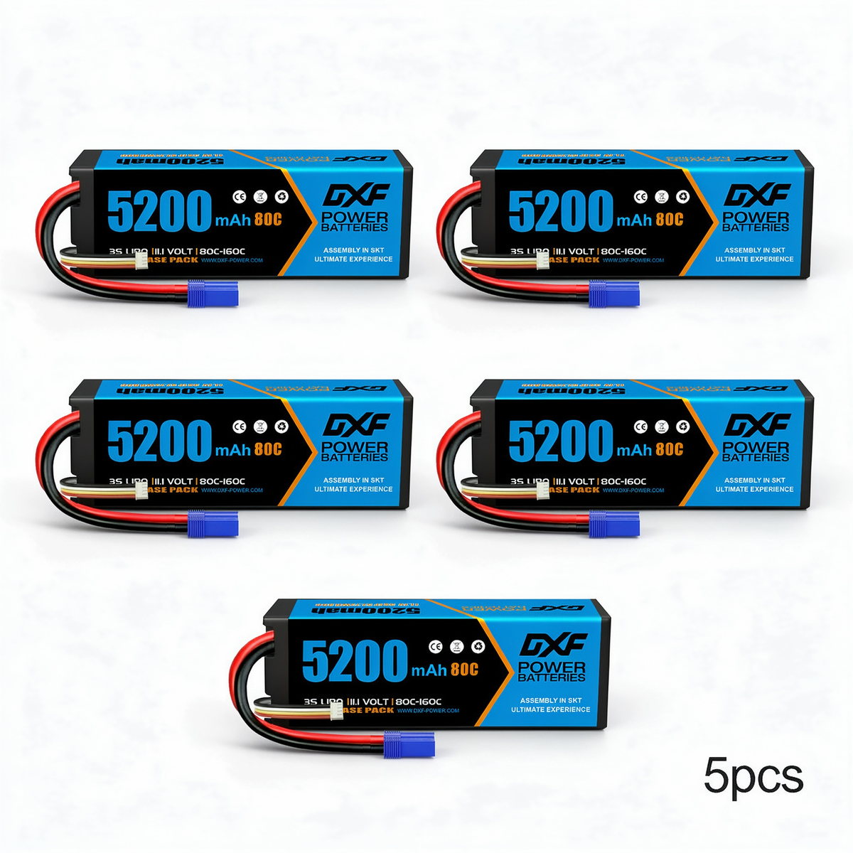 DXF 3S 11.1V 5200mAh 80C Hardcase LiPo Battery with EC5 & 10AWG Wire for Toy Cars, RC Boats, Aircraft Models & FPV Drones (1-6 Pack)