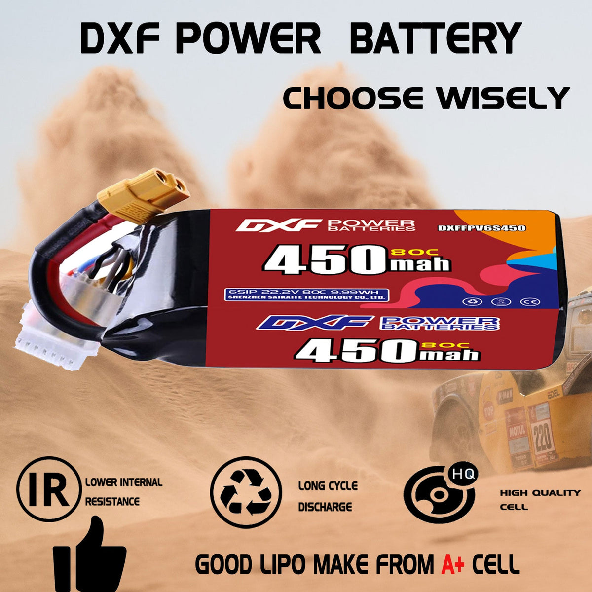 DXF LiPo Battery 6S 22.2V 450mAh 80C with PH2.0 / JST / XT30 / SM / XT60 / EC5 / XT90 for FPV Drone Whoop Micro Racing