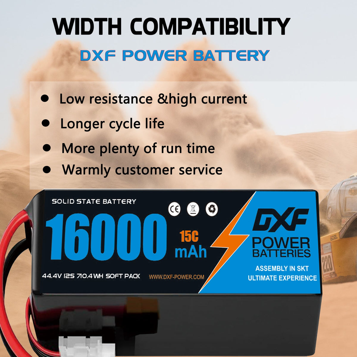DXF SEMI-SOLID 12S 44.4V 16000mAh 15C Soft Case LiPo Battery with 8AWG Wire for Toy Cars, Boats, UAVs & Drones (1-6 Pack)