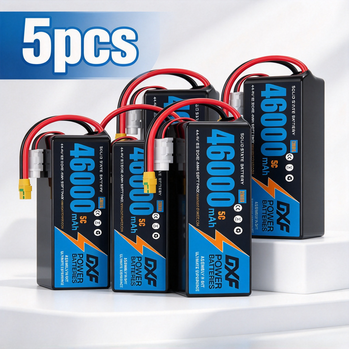 DXF SEMI-SOLID 12S 44.4V 46000mAh 5C Soft Case LiPo Battery with 8AWG Wire for Toy Cars, Boats, UAVs & Drones (1-6 Pack)