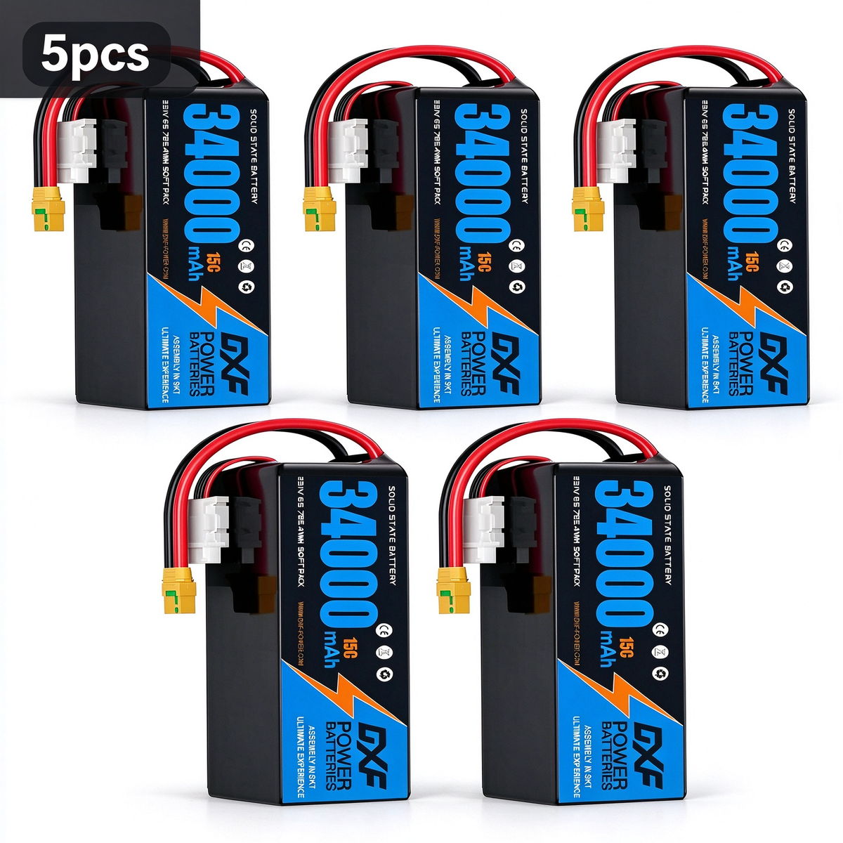 DXF 6S 23.1V 34000mAh 15C Soft Case LiPo Battery with 8AWG Wire for Toy Cars, Boats, UAVs & Drones (1-6 Pack)