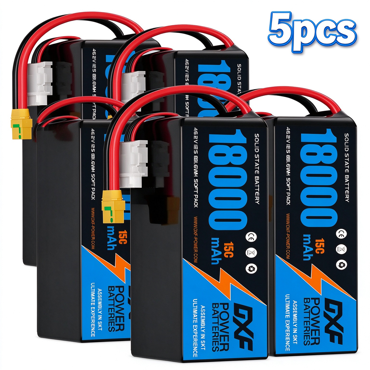 DXF SEMI-SOLID 12S 46.2V 18000mAh 15C Soft Case LiPo Battery with 8AWG Wire for Toy Cars, Boats, UAVs & Drones (1-6 Pack)