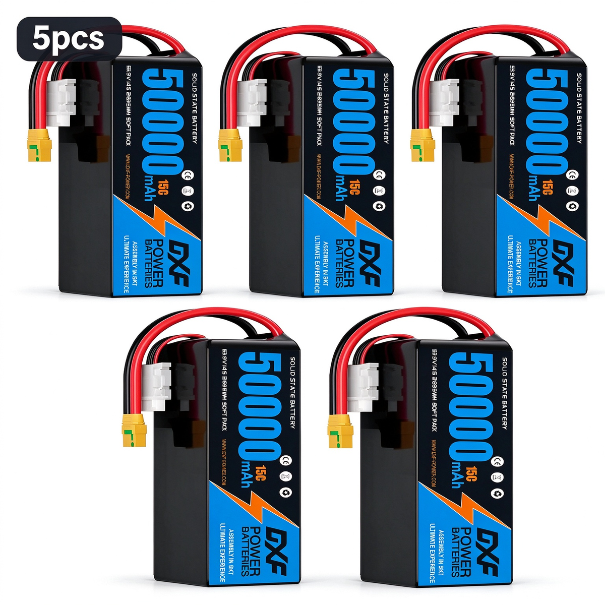 DXF SEMI-SOLID 14S 53.9V 50000mAh 15C Soft Case LiPo Battery with 8AWG Wire for Toy Cars, Boats, UAVs & Drones (1-6 Pack)