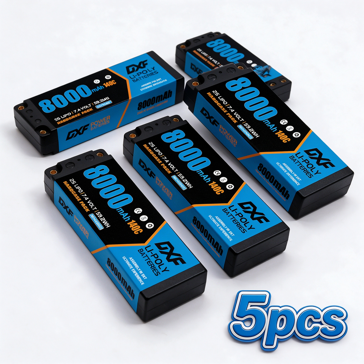 DXF 2S 7.4V 8000mAh 140C Blue Label Graphene LiPo Hardcase Battery with 12AWG 5mm Bullet to Deans Plug for 1/8 1/10 RC Car Truck Boat Drone (1-6 Pack Available)