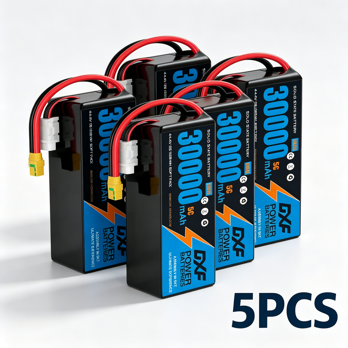 DXF SEMI-SOLID 12S 44.4V 30000mAh 5C Soft Case LiPo Battery with 8AWG Wire for Toy Cars, Boats, UAVs & Drones (1-6 Pack)