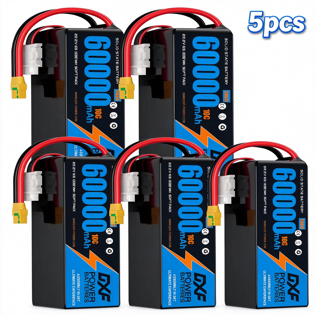 DXF 6S 22.2V 60000mAh 10C Soft Case LiPo Battery with 8AWG Wire for Toy Cars, Boats, UAVs & Drones (1-6 Pack)