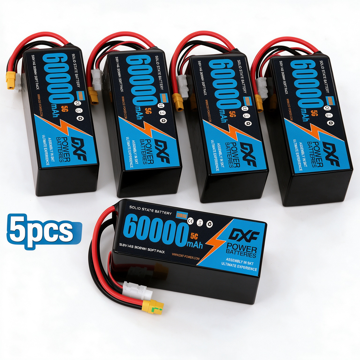 DXF SEMI-SOLID 14S 51.8V 60000mAh 5C Soft Case LiPo Battery with 8AWG Wire for Toy Cars, Boats, UAVs & Drones (1-6 Pack)