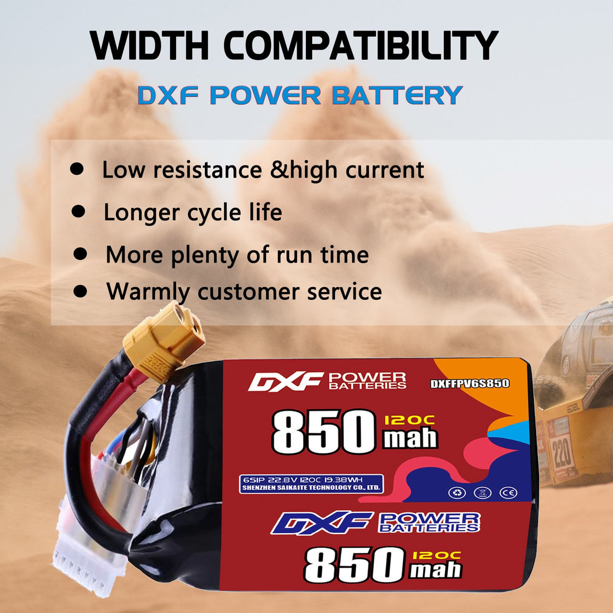 DXF 6S 22.8V 850mAh 120C LiPo Battery for FPV Micro Drones (PH2.0 / JST / XT30 / SM / XT60 / EC5 / XT90 Options)