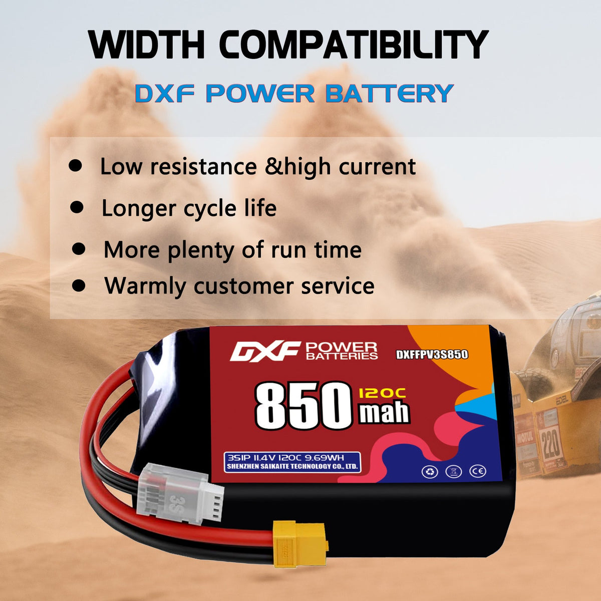 DXF 3S 11.4V 850mAh 120C LiPo Battery for FPV Micro Drones (PH2.0 / JST / XT30 / SM / XT60 / EC5 / XT90 Options)