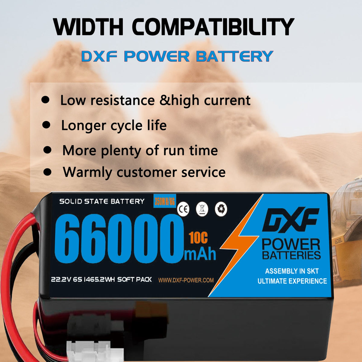 DXF 6S 22.2V 66000mAh 10C Soft Case LiPo Battery with 8AWG Wire for Toy Cars, Boats, UAVs & Drones (1-6 Pack)