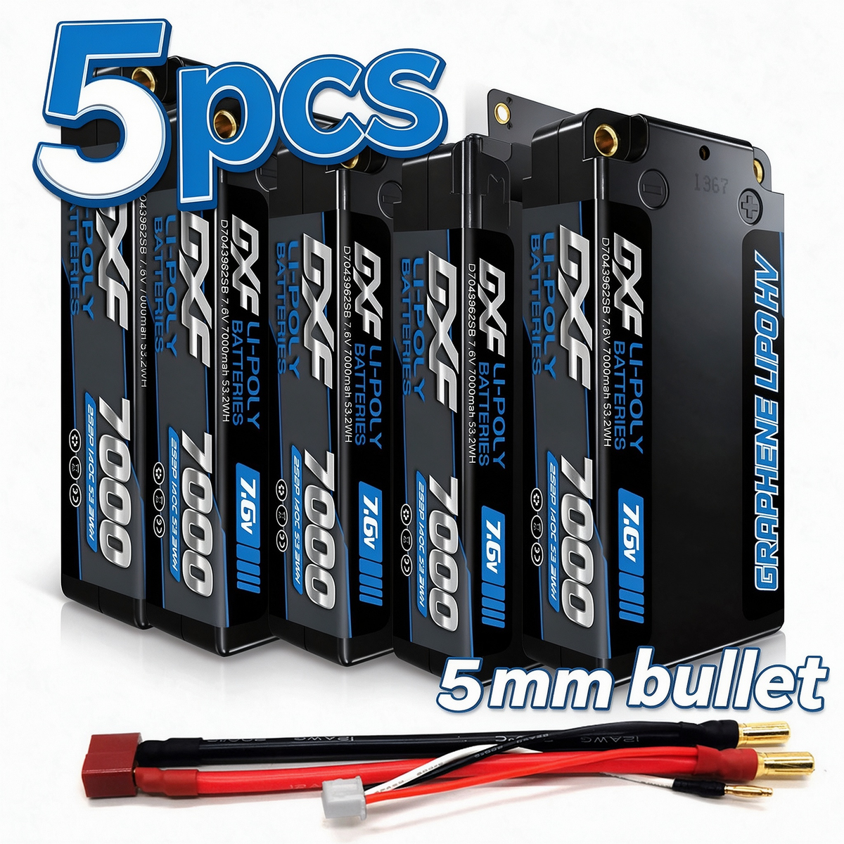 DXF BLUE Series 2S HV 7.6V 7000mAh 140C Graphene 5mm Shorty Hardcase LiPo with Deans/T-Plug (1-6 Pack)
