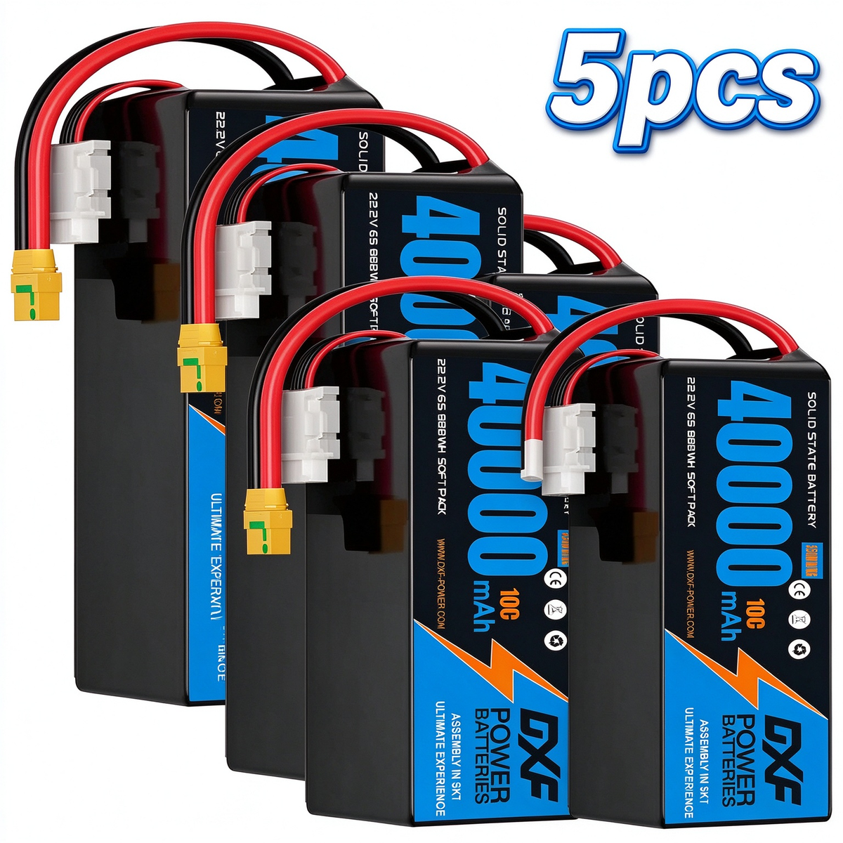 DXF 6S 22.2V 46000mAh 10C Soft Case LiPo Battery with 8AWG Wire for Toy Cars, Boats, UAVs & Drones (1-6 Pack)
