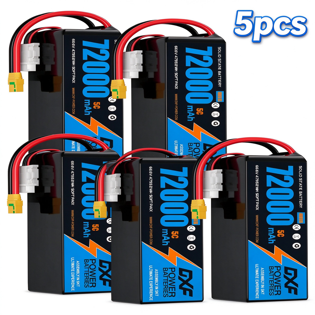 DXF SEMI-SOLID 18S 66.6V 72000mAh 5C Soft Case LiPo Battery with 8AWG Wire for Toy Cars, Boats, UAVs & Drones (1-6 Pack)