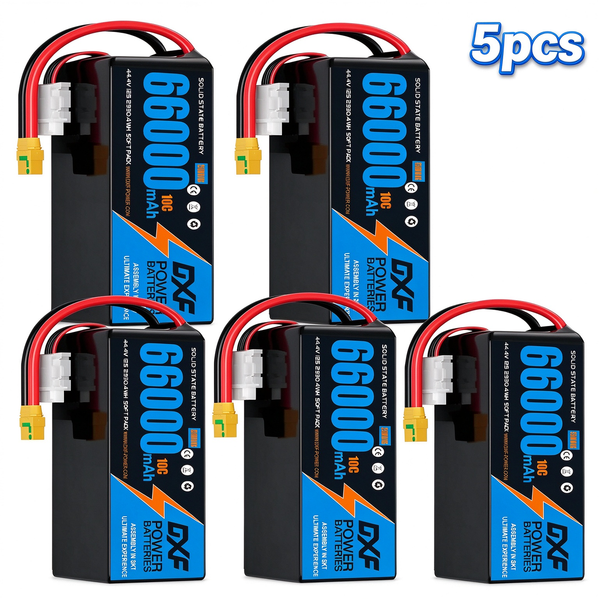 DXF SEMI-SOLID 12S 44.4V 66000mAh 10C Soft Case LiPo Battery with 8AWG Wire for Toy Cars, Boats, UAVs & Drones (1-6 Pack)