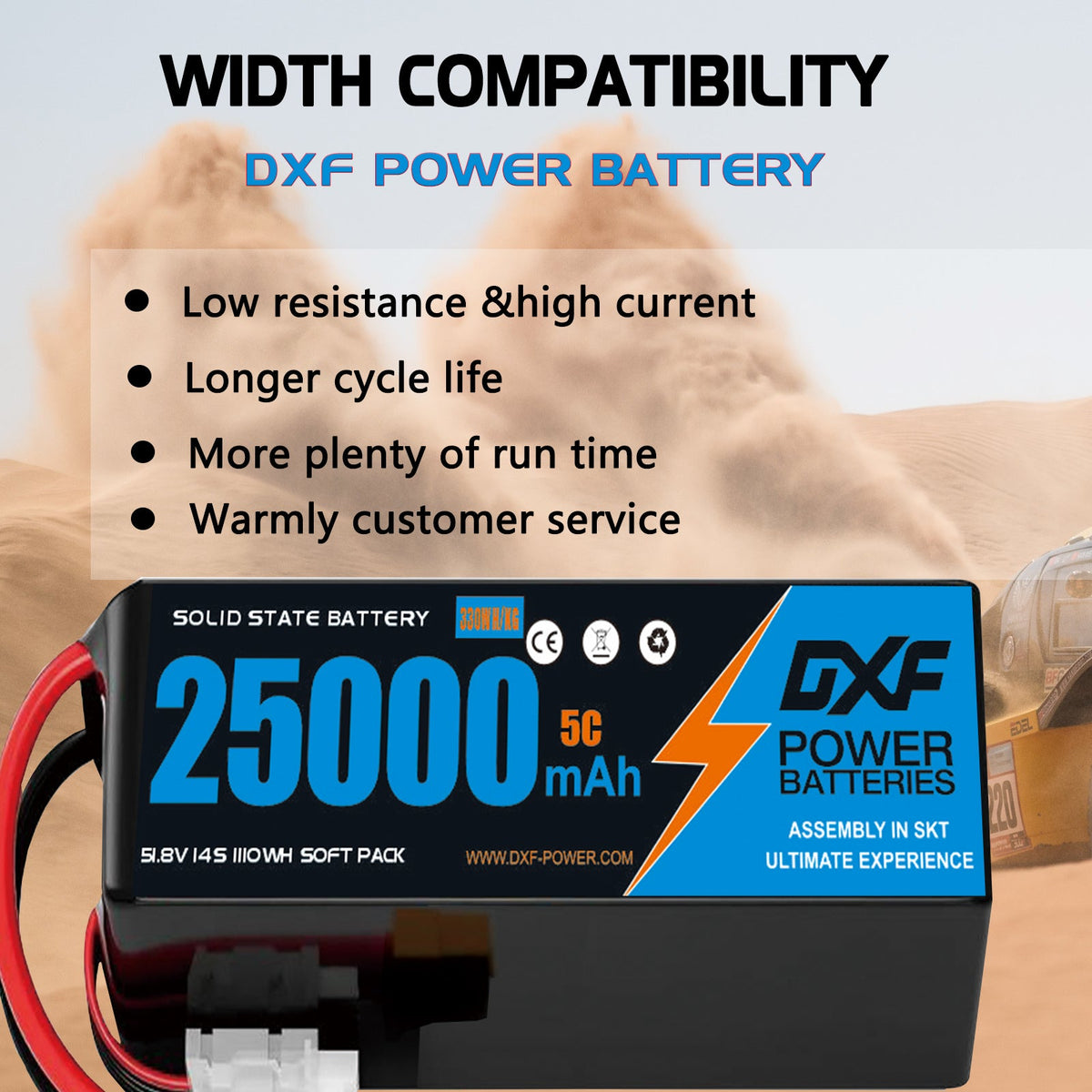 DXF SEMI-SOLID 14S 51.8V 25000mAh 5C Soft Case LiPo Battery with 8AWG Wire for Toy Cars, Boats, UAVs & Drones (1-6 Pack)