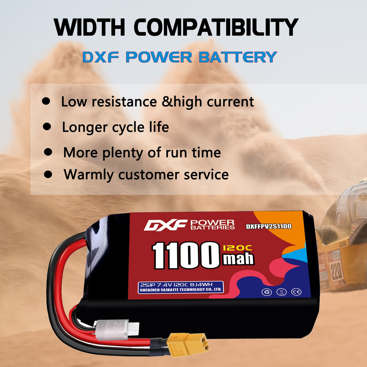 DXF 2S 7.4V 1100mAh 120C LiPo Battery for FPV Micro Drones (PH2.0 / JST / XT30 / SM / XT60 / EC5 / XT90 Options)