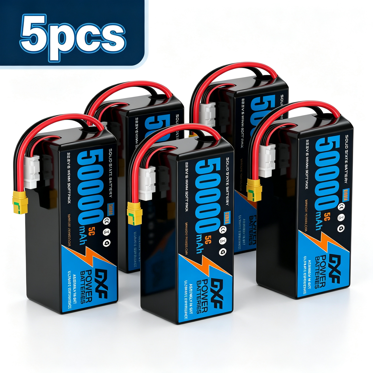DXF 6S 22.2V 50000mAh 5C Soft Case LiPo Battery with 8AWG Wire for Toy Cars, Boats, UAVs & Drones (1-6 Pack)