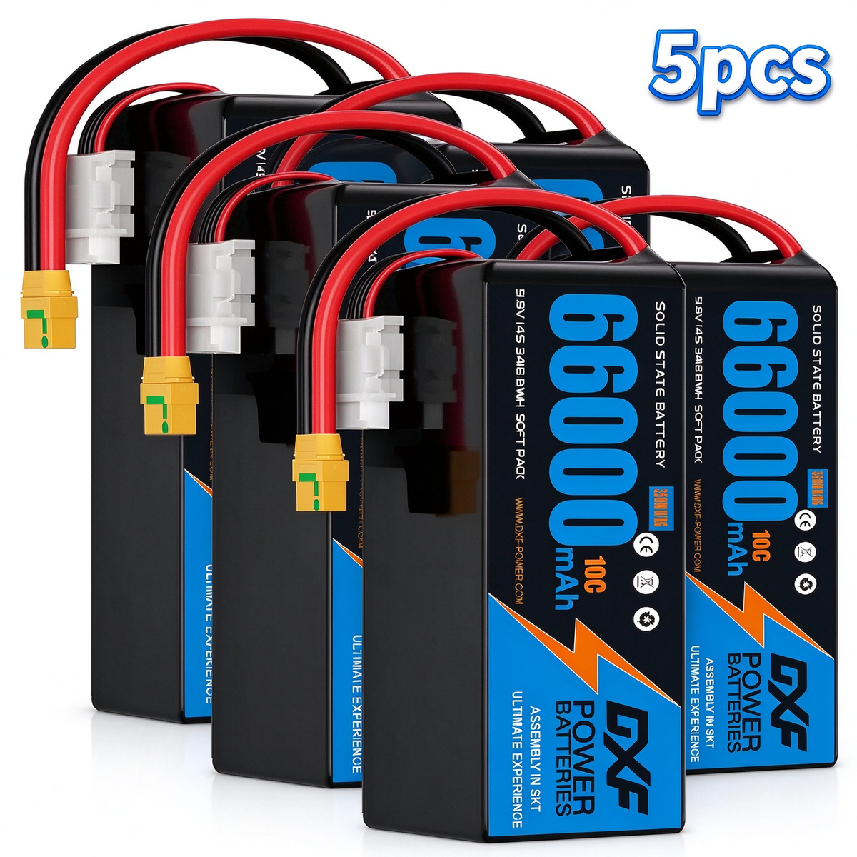 DXF SEMI-SOLID 14S 51.8V 66000mAh 10C Soft Case LiPo Battery with 8AWG Wire for Toy Cars, Boats, UAVs & Drones (1-6 Pack)