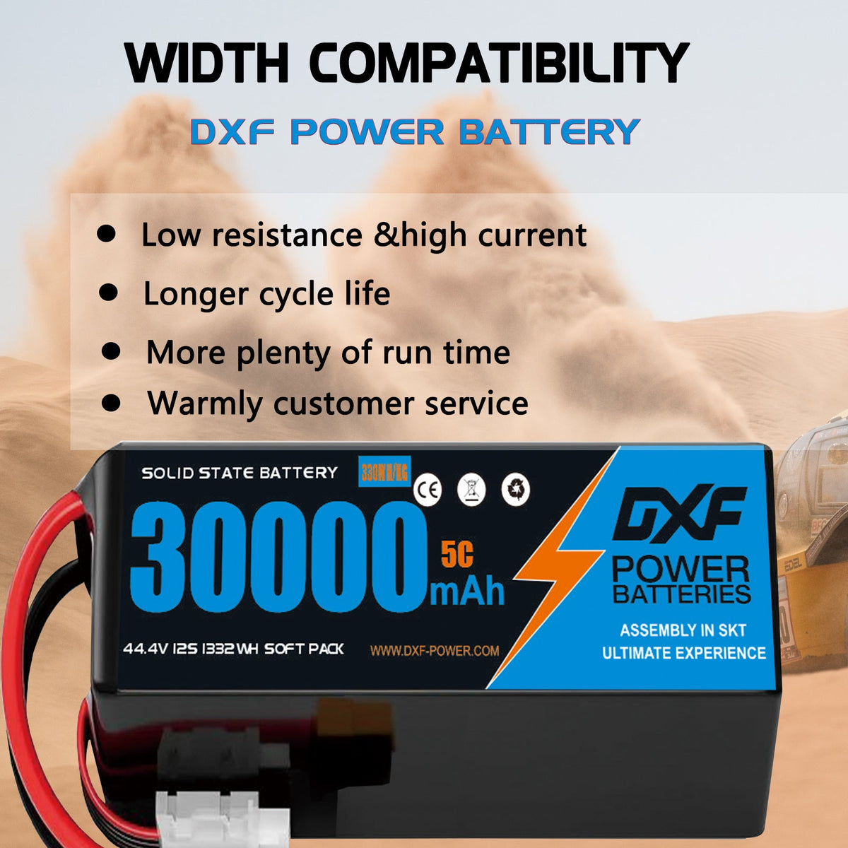 DXF SEMI-SOLID 12S 44.4V 30000mAh 5C Soft Case LiPo Battery with 8AWG Wire for Toy Cars, Boats, UAVs & Drones (1-6 Pack)
