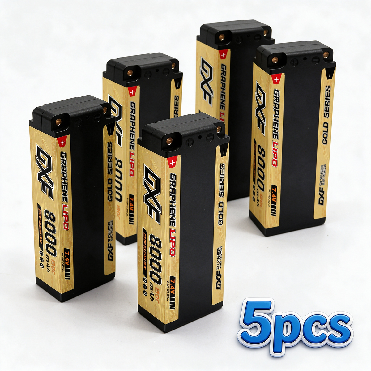 DXF 2S 7.4V 8000mAh 130C Golden NGP Graphene LiPo Hardcase Battery with 12AWG 5mm Bullet to Deans Plug for 1/8 1/10 RC Car Truck Boat Drone (1-6 Pack Available)