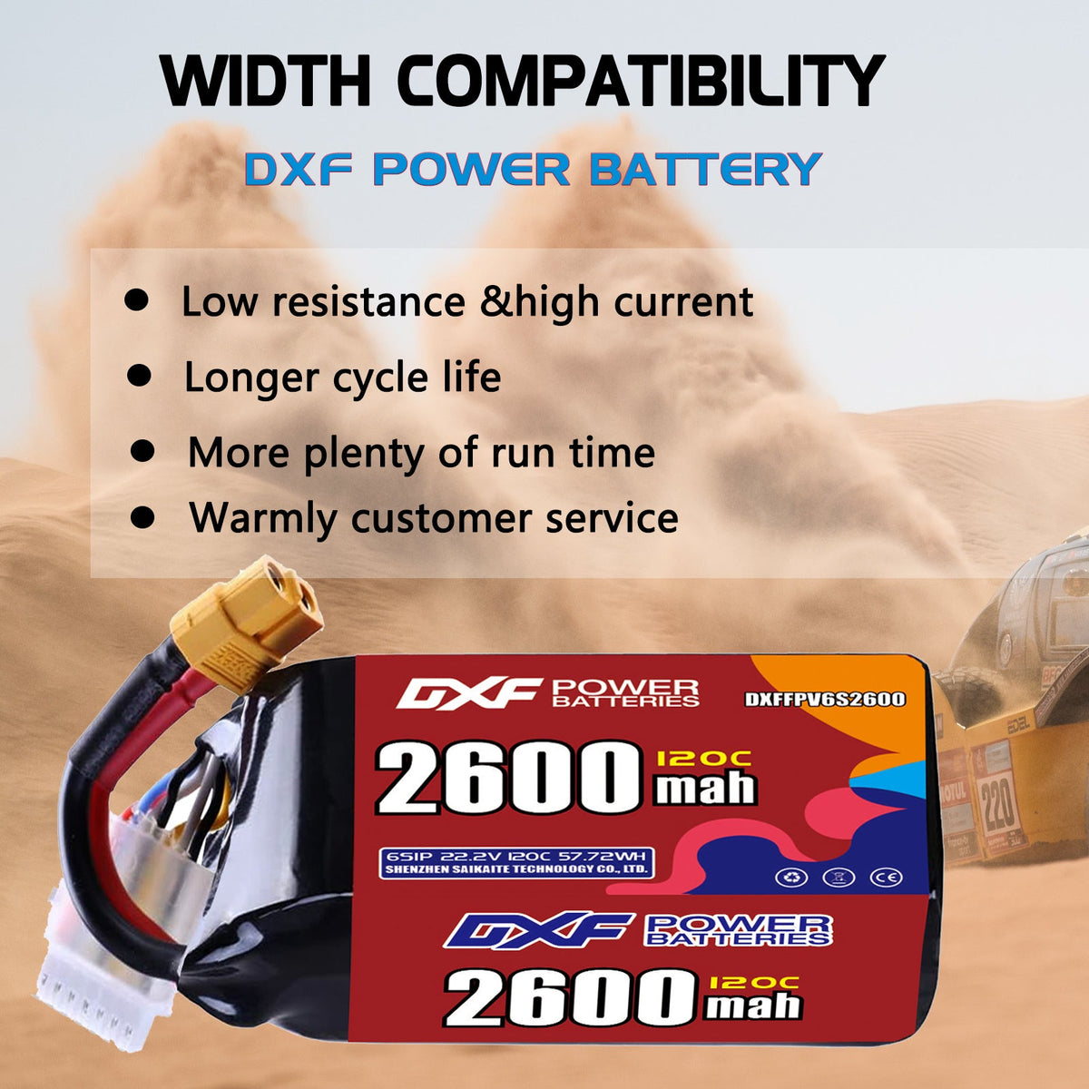 DXF 6S 22.2V 2600mAh 120C LiPo Battery for FPV Micro Drones (PH2.0 / JST / XT30 / SM / XT60 / EC5 / XT90 Options)