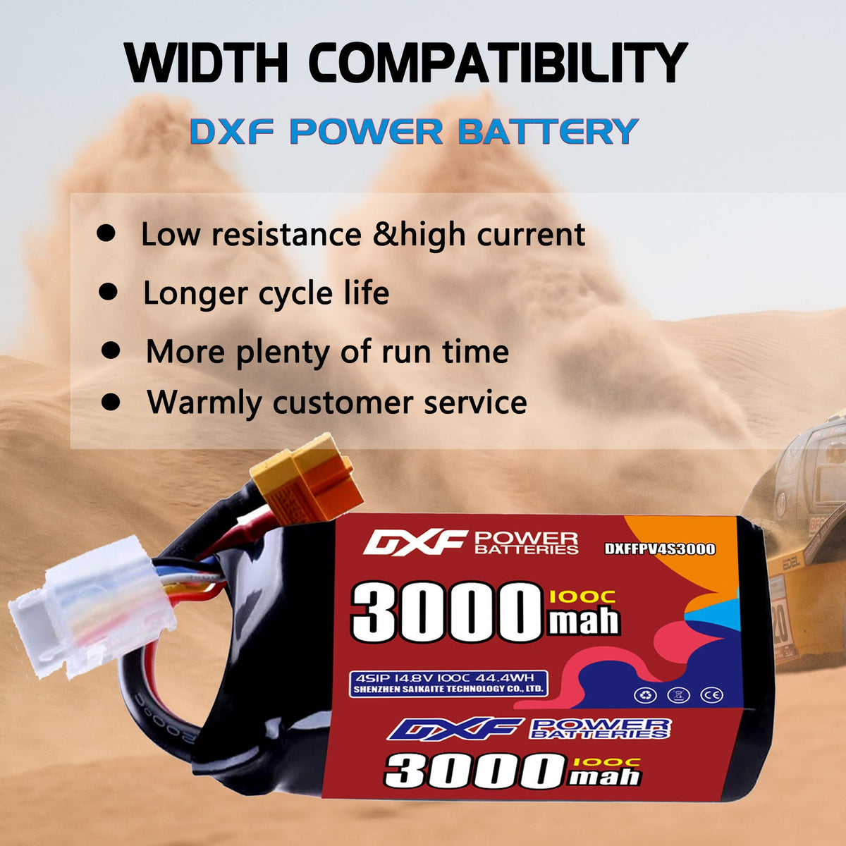 DXF 4S 14.8V 3000mAh 100C LiPo Battery for FPV Micro Drones (PH2.0 / JST / XT30 / SM / XT60 / EC5 / XT90 Options)