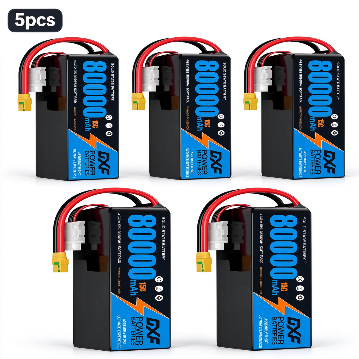 DXF SEMI-SOLID 12S 46.2V 80000mAh 15C Soft Case LiPo Battery with 8AWG Wire for Toy Cars, Boats, UAVs & Drones (1-6 Pack)