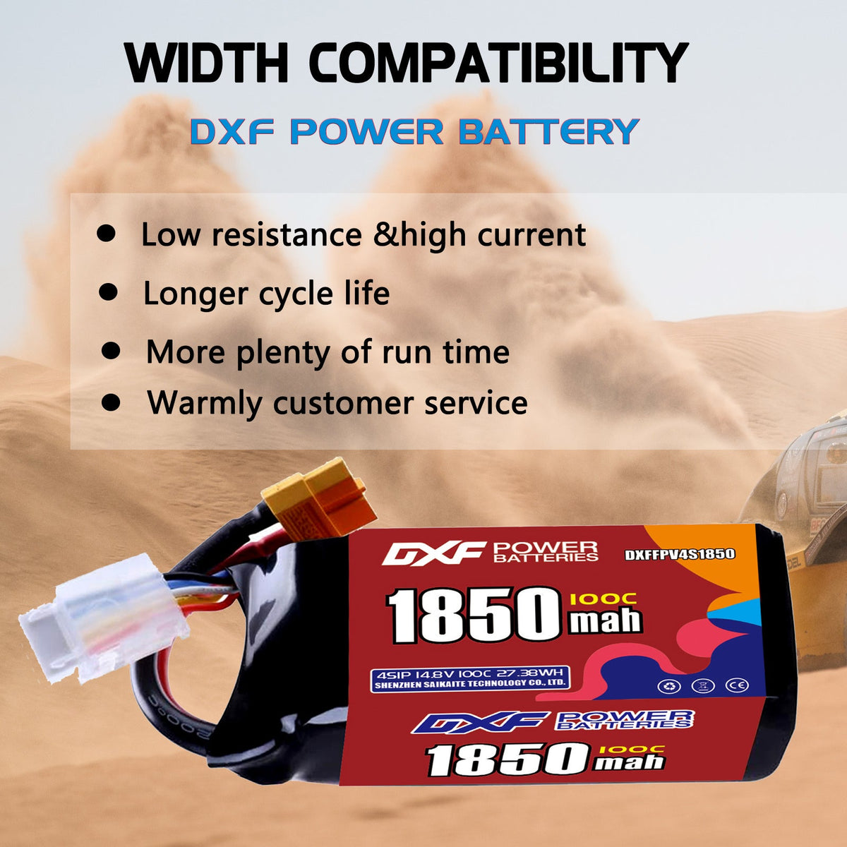 DXF 4S 14.8V 1850mAh 100C LiPo Battery for FPV Micro Drones (PH2.0 / JST / XT30 / SM / XT60 / EC5 / XT90 Options)
