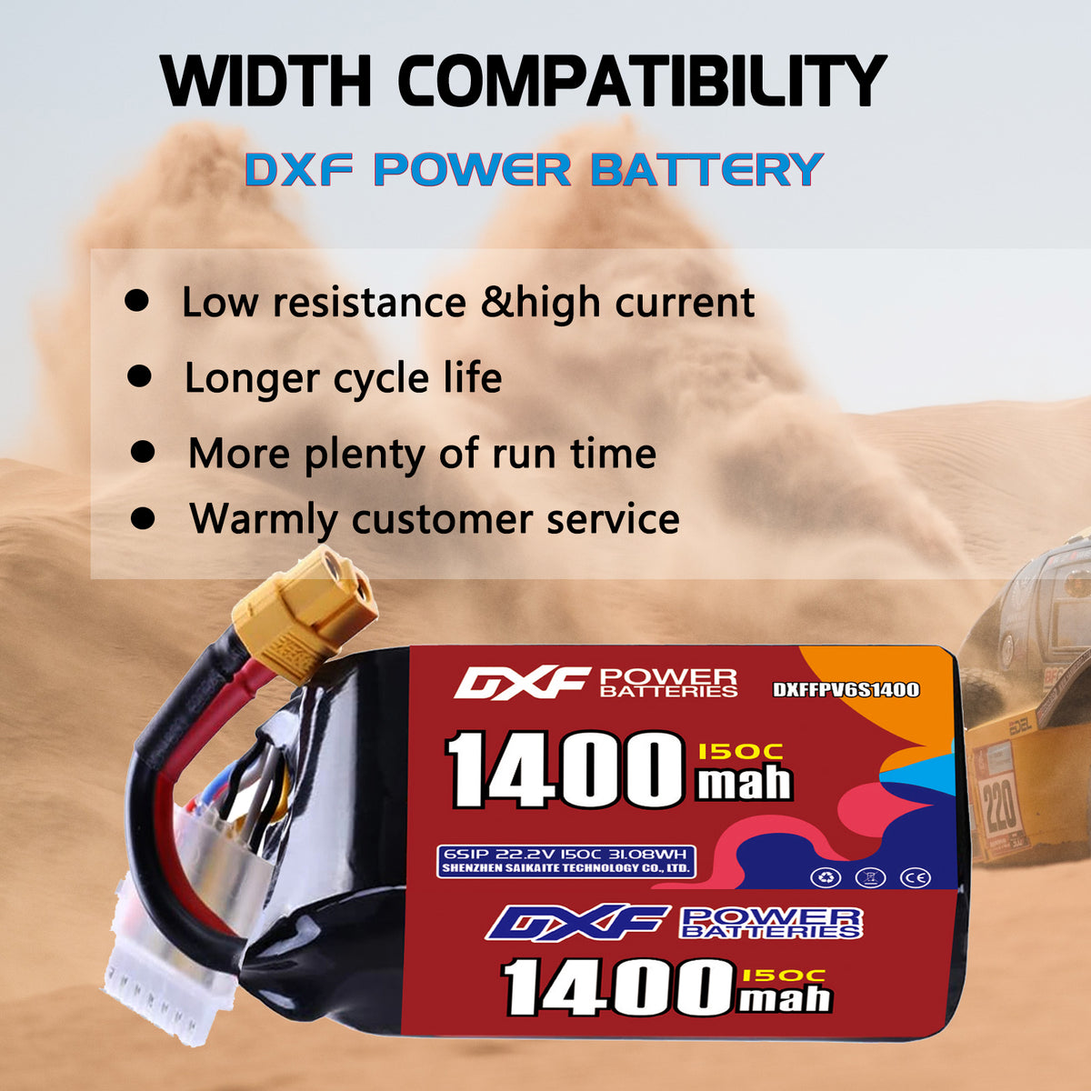 DXF 6S 22.2V 1400mAh 150C LiPo Battery for FPV Micro Drones (PH2.0 / JST / XT30 / SM / XT60 / EC5 / XT90 Options)