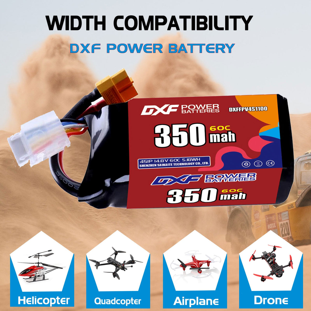 DXF LiPo Battery 4S 14.8V 350mAh 60C with PH2.0 / JST / XT30 / SM / XT60 / EC5 / XT90 for FPV Drone Whoop Micro Racing