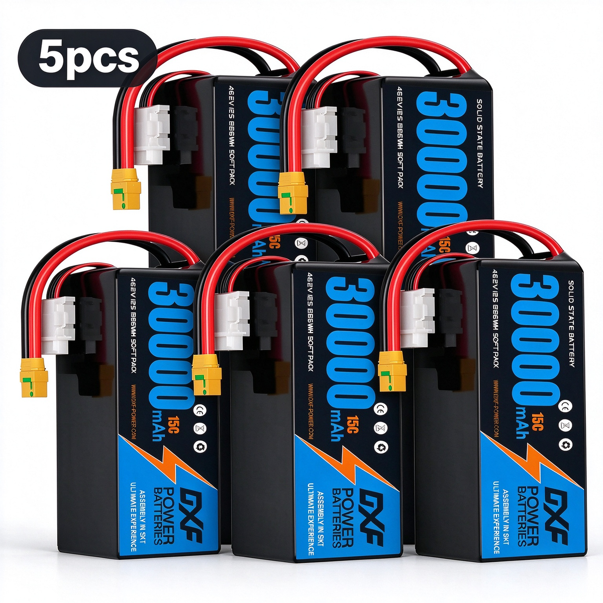 DXF SEMI-SOLID 12S 46.2V 30000mAh 15C Soft Case LiPo Battery with 8AWG Wire for Toy Cars, Boats, UAVs & Drones (1-6 Pack)