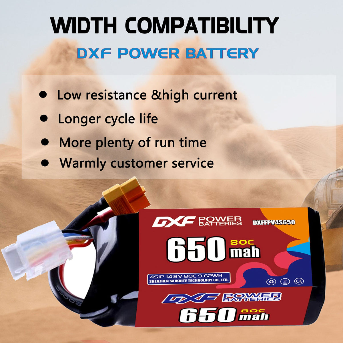 DXF LiPo Battery 4S 14.8V 650mAh 80C with PH2.0 / JST / XT30 / SM / XT60 / EC5 / XT90 for FPV Drone Whoop Micro Racing