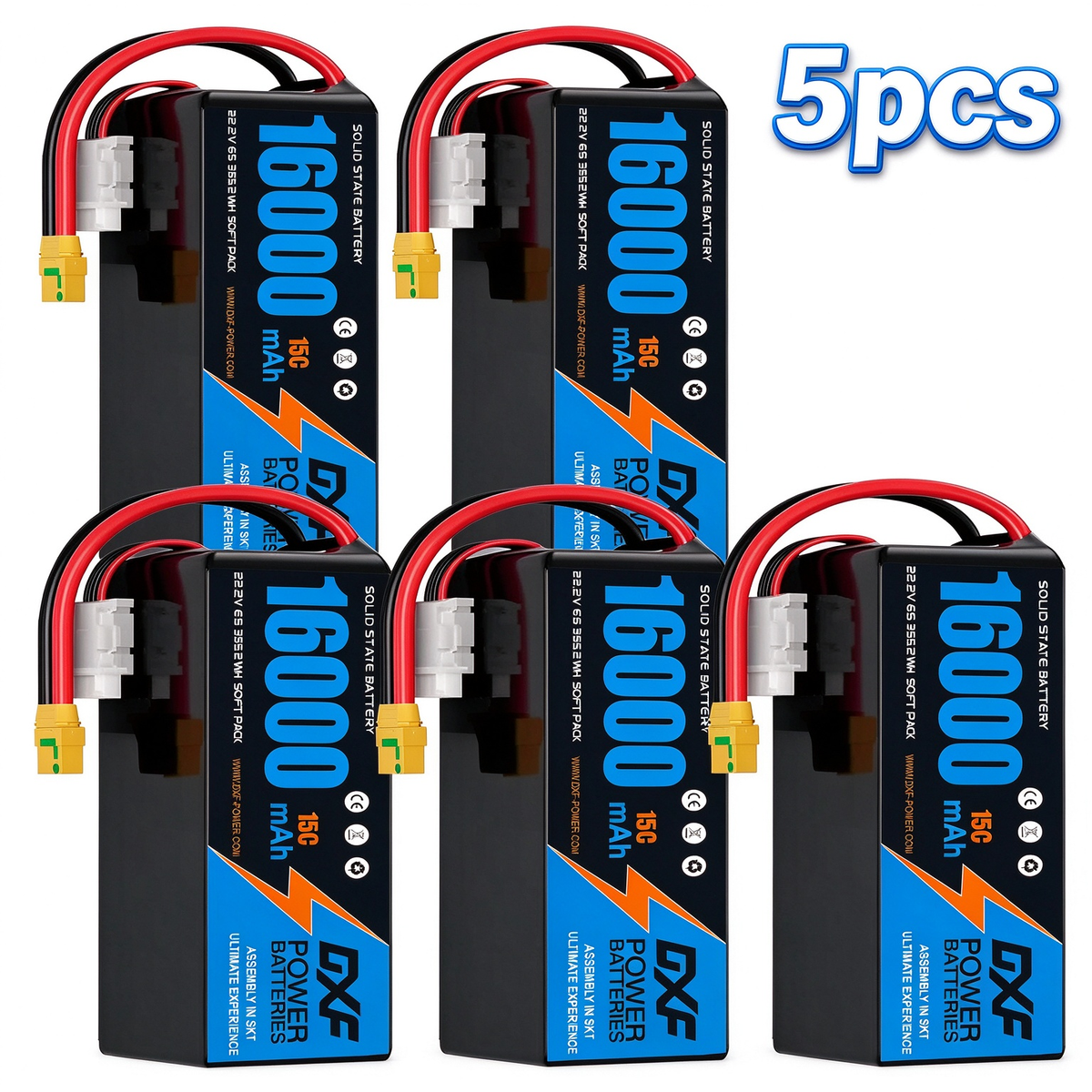 DXF 6S 22.2V 16000mAh 15C Soft Case LiPo Battery with 8AWG Wire for Toy Cars, Boats, UAVs & Drones (1-6 Pack)