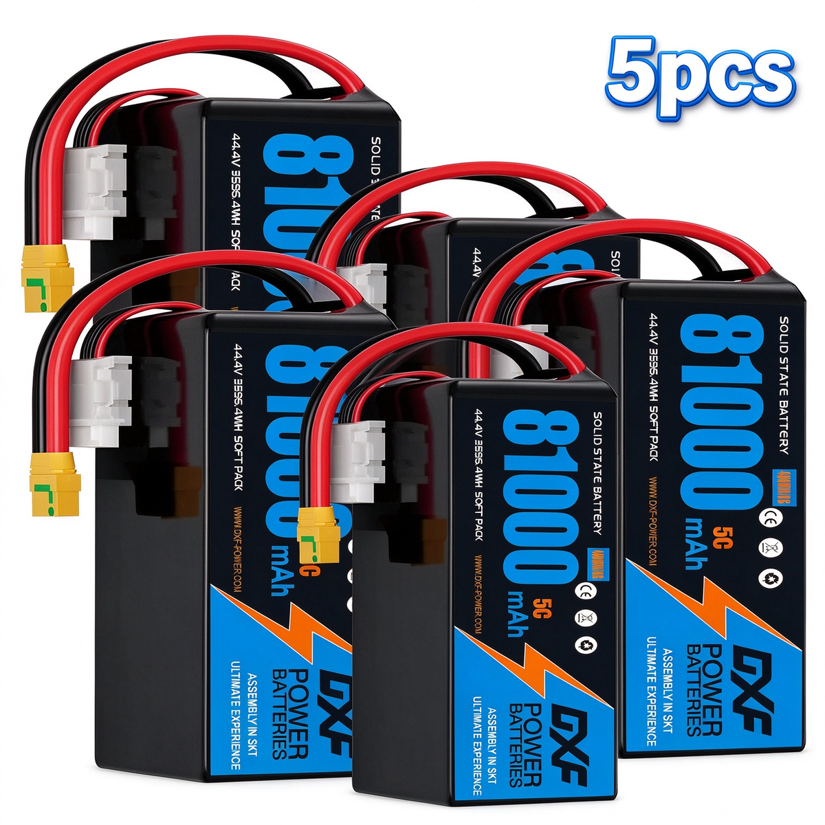 DXF 12S 44.4V 81000mAh 5C Soft Case LiPo Battery with 8AWG Wire for Toy Cars, Boats, UAVs & Drones (1-6 Pack)