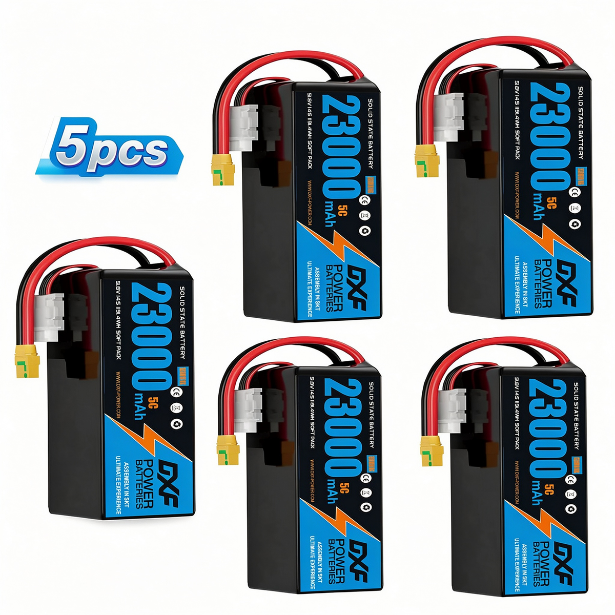 DXF SEMI-SOLID 14S 51.8V 23000mAh 5C Soft Case LiPo Battery with 8AWG Wire for UAVs & Drones (1-6 Pack)