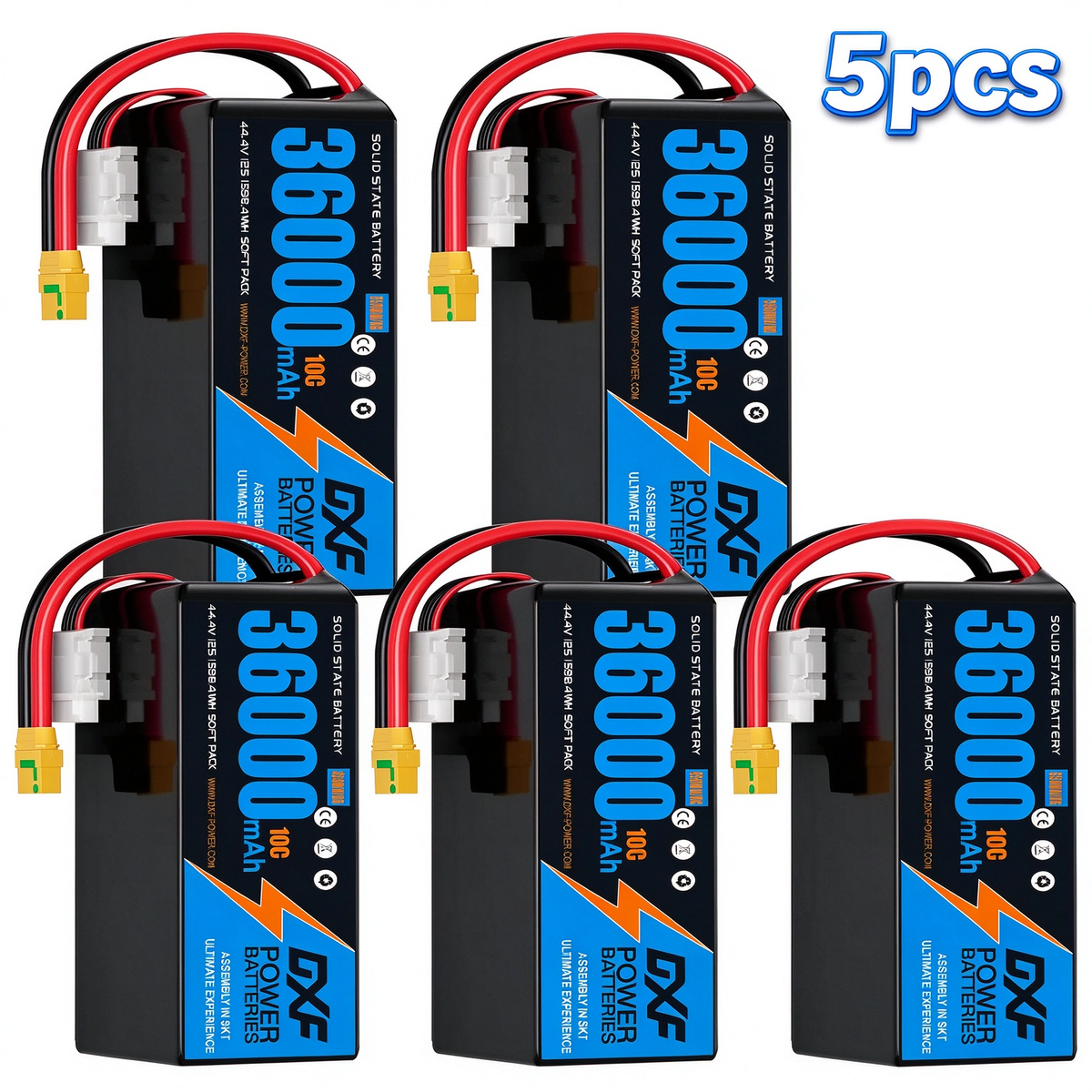 DXF SEMI-SOLID 12S 44.4V 36000mAh 10C Soft Case LiPo Battery with 8AWG Wire for Toy Cars, Boats, UAVs & Drones (1-6 Pack)