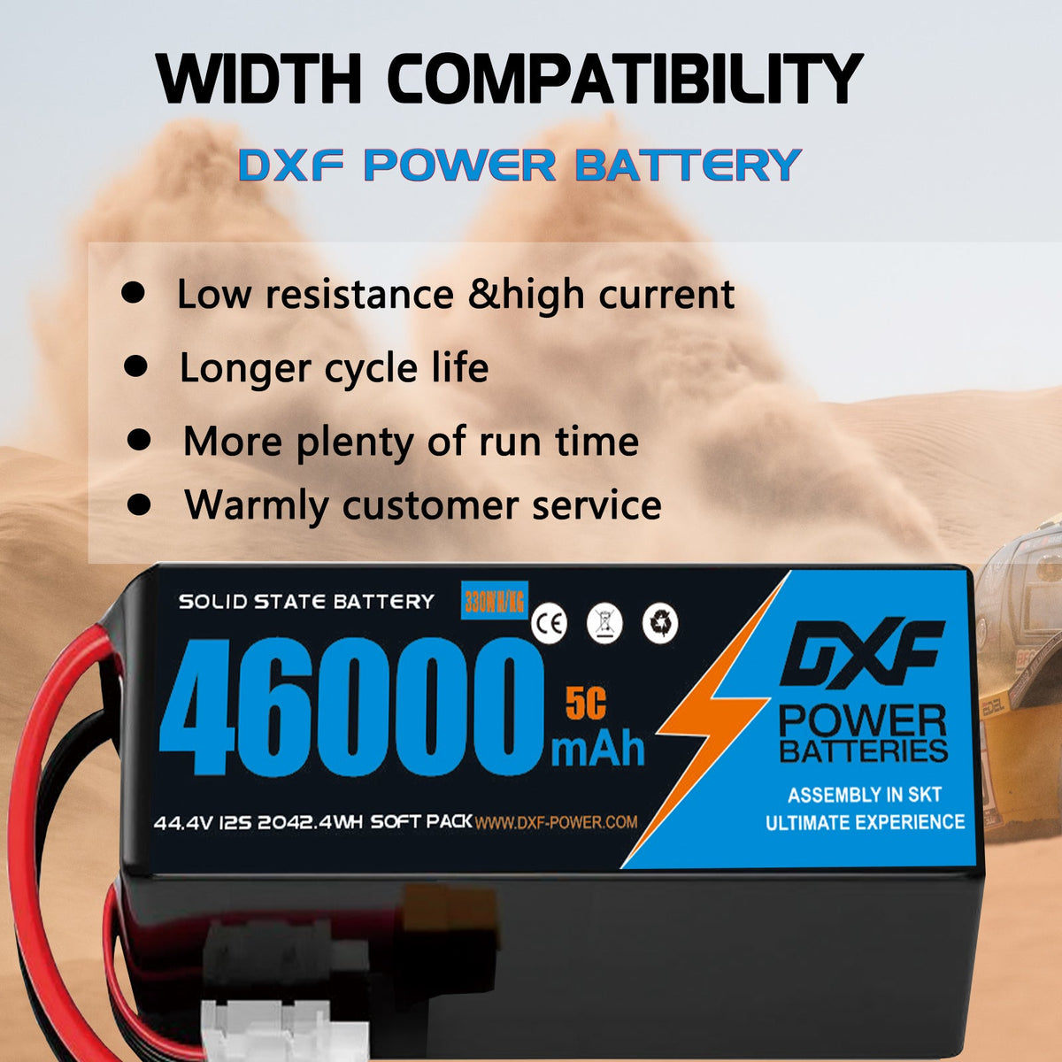 DXF SEMI-SOLID 12S 44.4V 46000mAh 5C Soft Case LiPo Battery with 8AWG Wire for Toy Cars, Boats, UAVs & Drones (1-6 Pack)