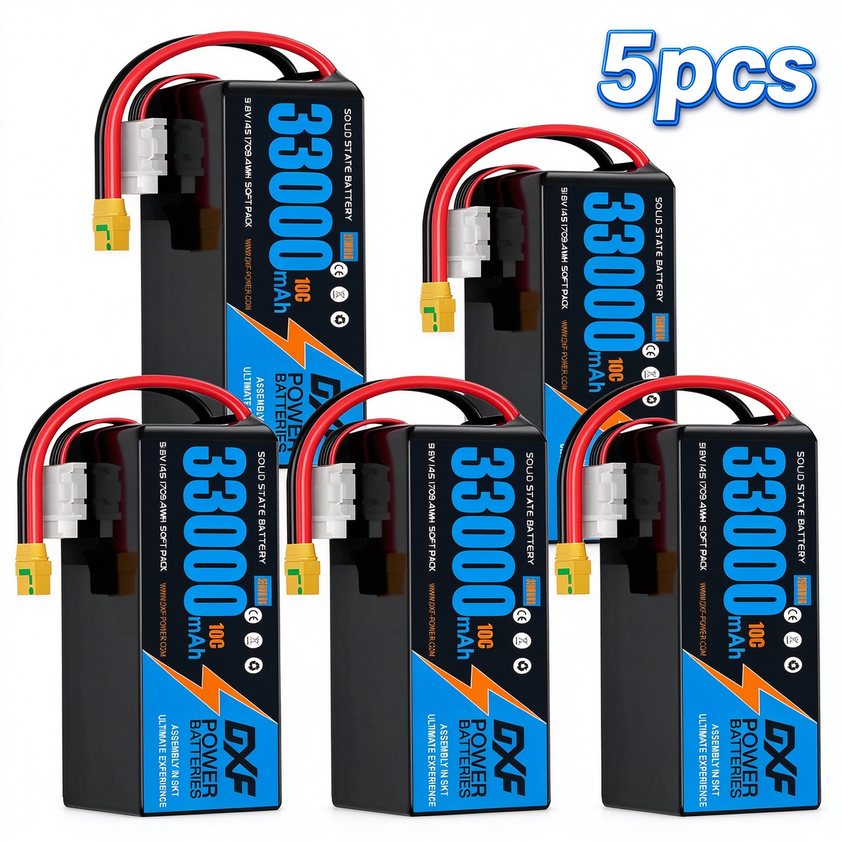 DXF SEMI-SOLID 14S 51.8V 33000mAh 10C Soft Case LiPo Battery with 8AWG Wire for Toy Cars, Boats, UAVs & Drones (1-6 Pack)
