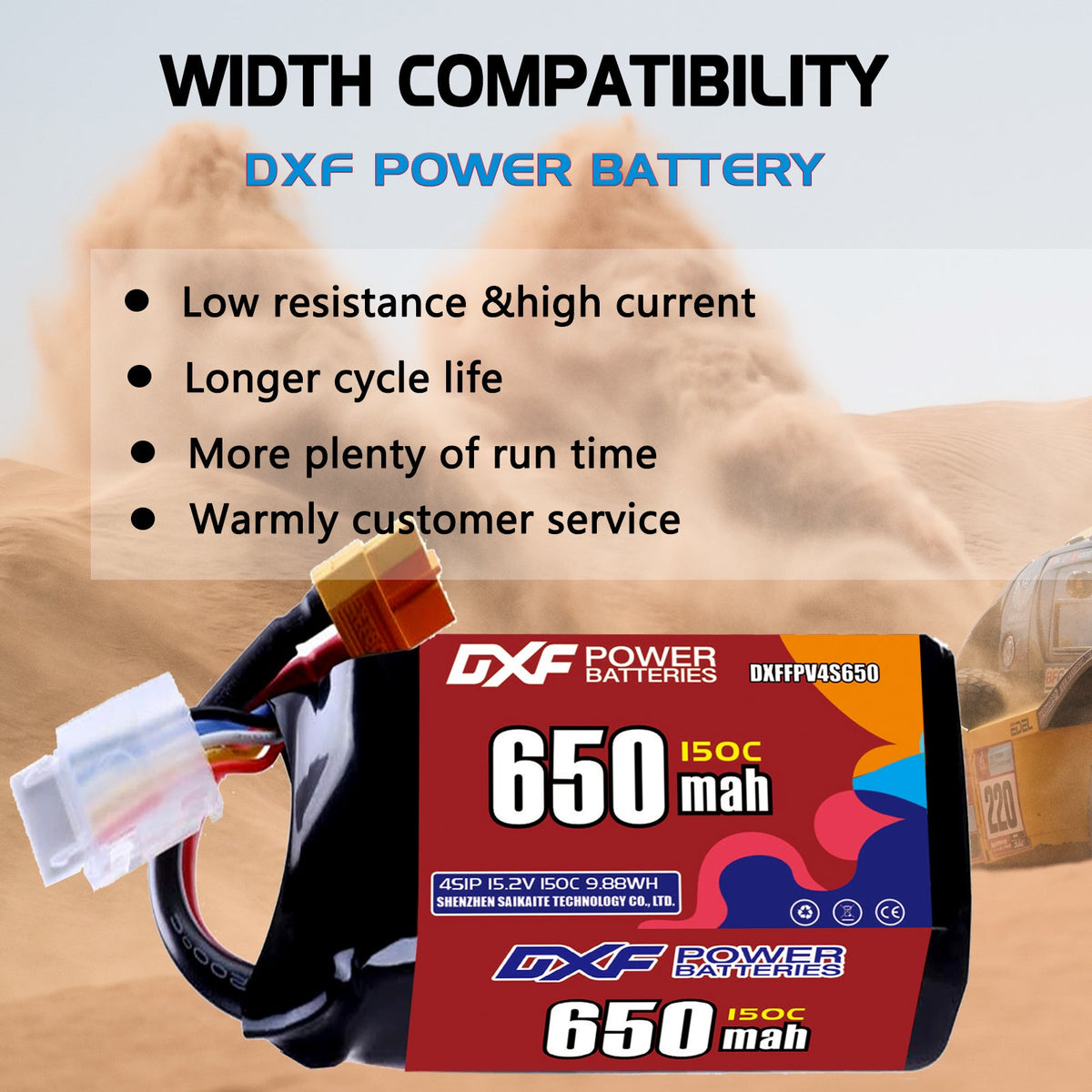 DXF 4S 15.2V 650mAh 150C LiPo Battery for FPV Micro Drones (PH2.0 / JST / XT30 / SM / XT60 / EC5 / XT90 Options)
