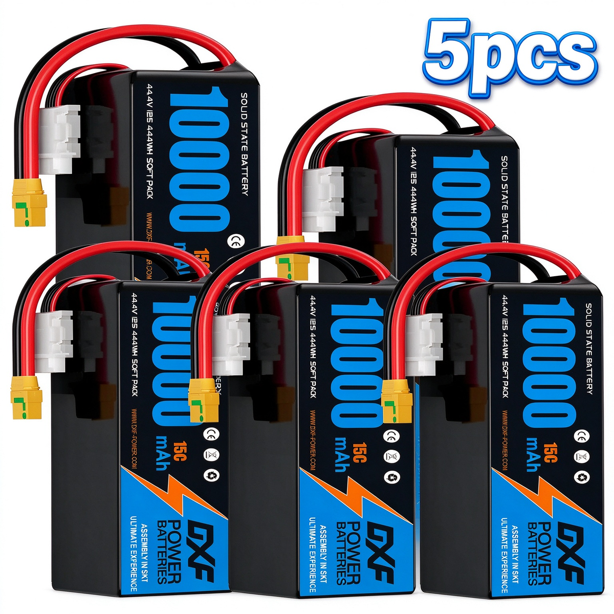 DXF SEMI-SOLID 12S 44.4V 10000mAh 15C Soft Case LiPo Battery with 8AWG Wire for Toy Cars, Boats, UAVs & Drones (1-6 Pack)