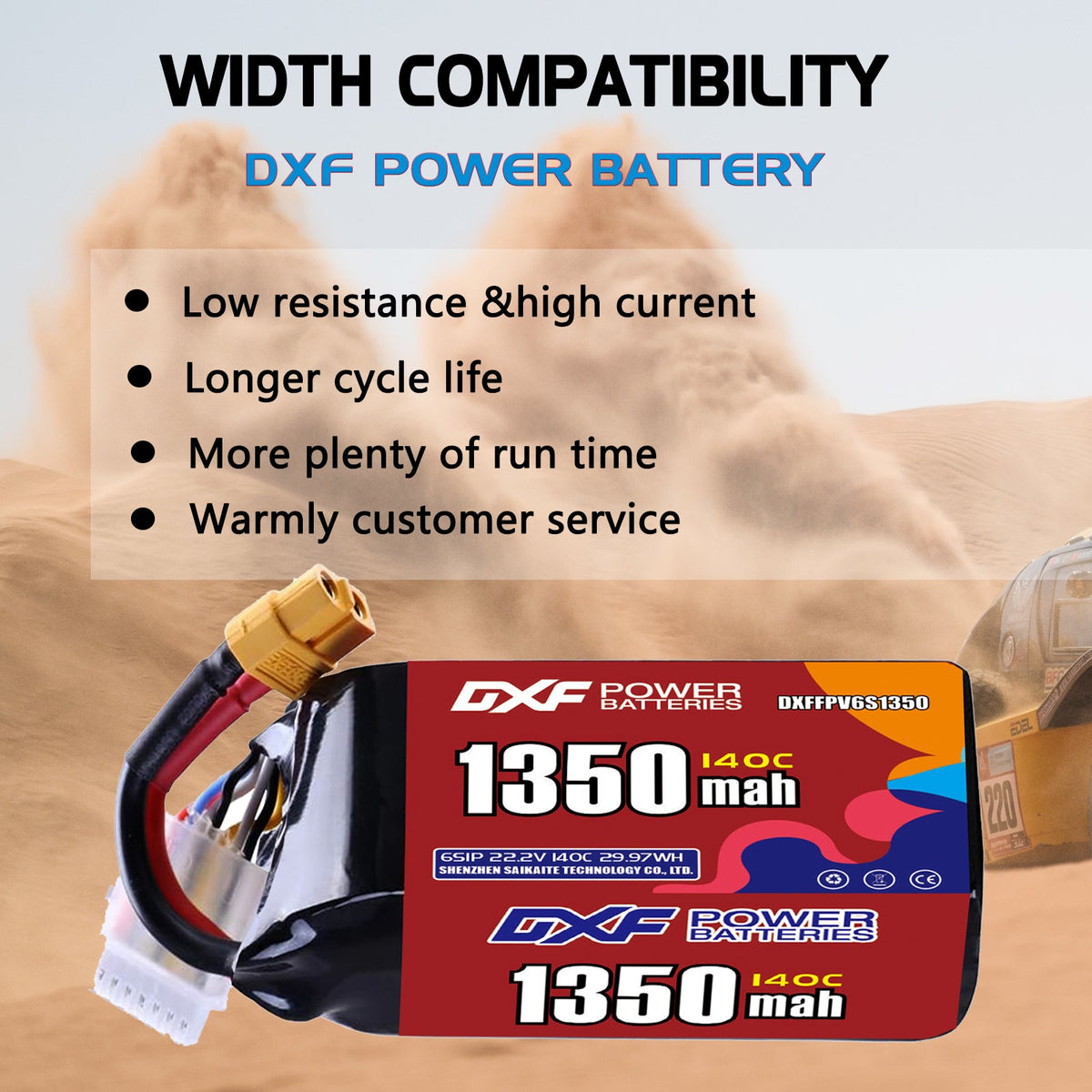 DXF 6S 22.2V 1350mAh 140C LiPo Battery for FPV Micro Drones (PH2.0 / JST / XT30 / SM / XT60 / EC5 / XT90 Options)