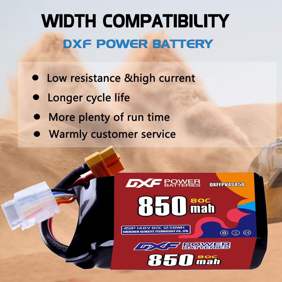 DXF 4S 14.8V 850mAh 80C LiPo Battery for FPV Micro Drones (PH2.0 / JST / XT30 / SM / XT60 / EC5 / XT90 Options)