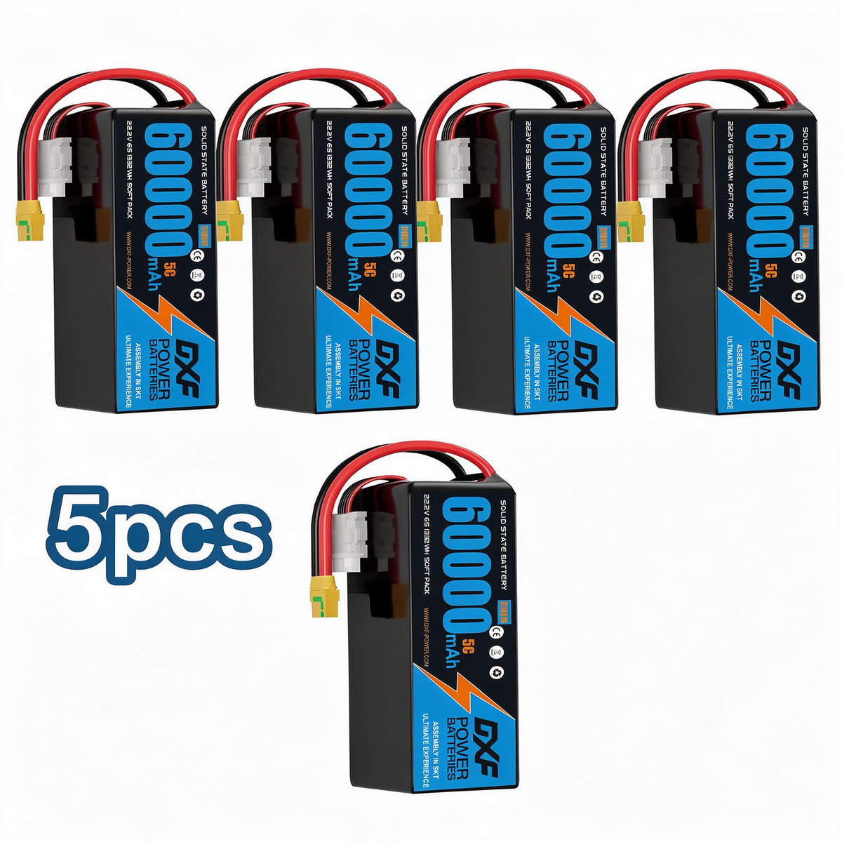 DXF 6S 22.2V 60000mAh 5C Soft Case LiPo Battery with 8AWG Wire for Toy Cars, Boats, UAVs & Drones (1-6 Pack)