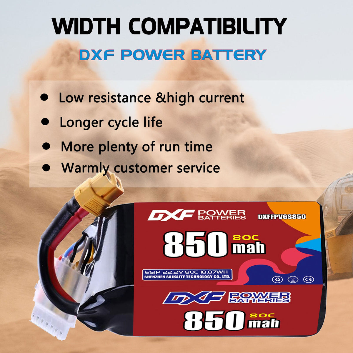 DXF 6S 22.2V 850mAh 80C LiPo Battery for FPV Micro Drones (PH2.0 / JST / XT30 / SM / XT60 / EC5 / XT90 Options)