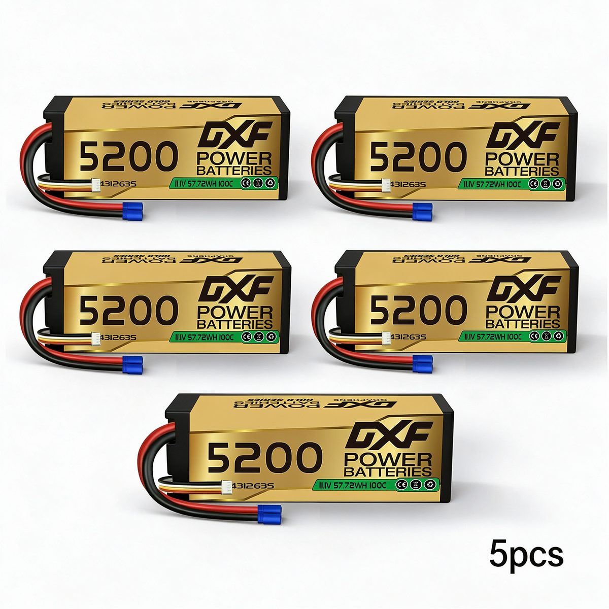 DXF GOLD Series 3S 11.1V 5200mAh 100C Graphene Hardcase LiPo Battery with EC5 Plug for 1/8 1/10 RC Car Truck (1-6 Pack)