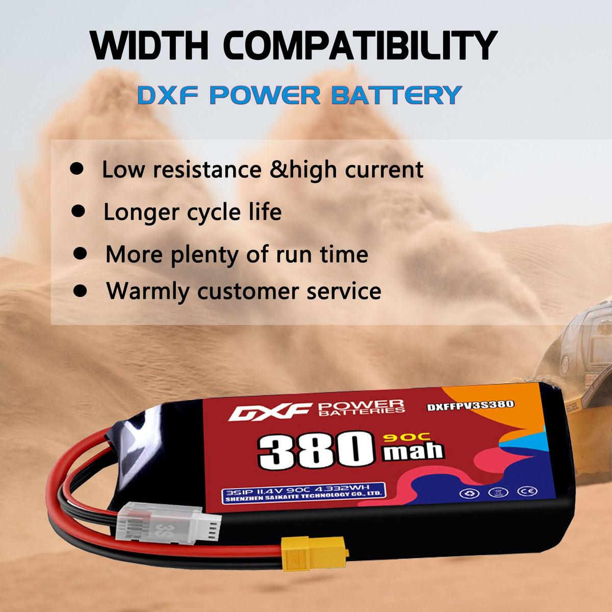 DXF 3S 11.4V 380mAh 90C LiPo Battery for FPV Micro Drones (PH2.0 / JST / XT30 / SM / XT60 / EC5 / XT90 Options)