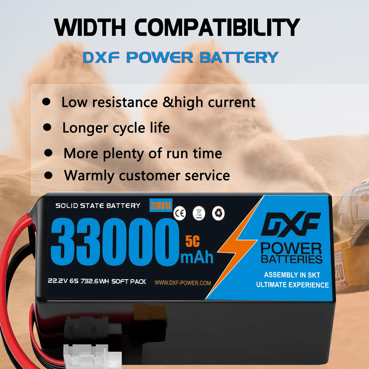 DXF 6S 22.2V 33000mAh 5C Soft Case LiPo Battery with 8AWG Wire for Toy Cars, Boats, UAVs & Drones (1-6 Pack)