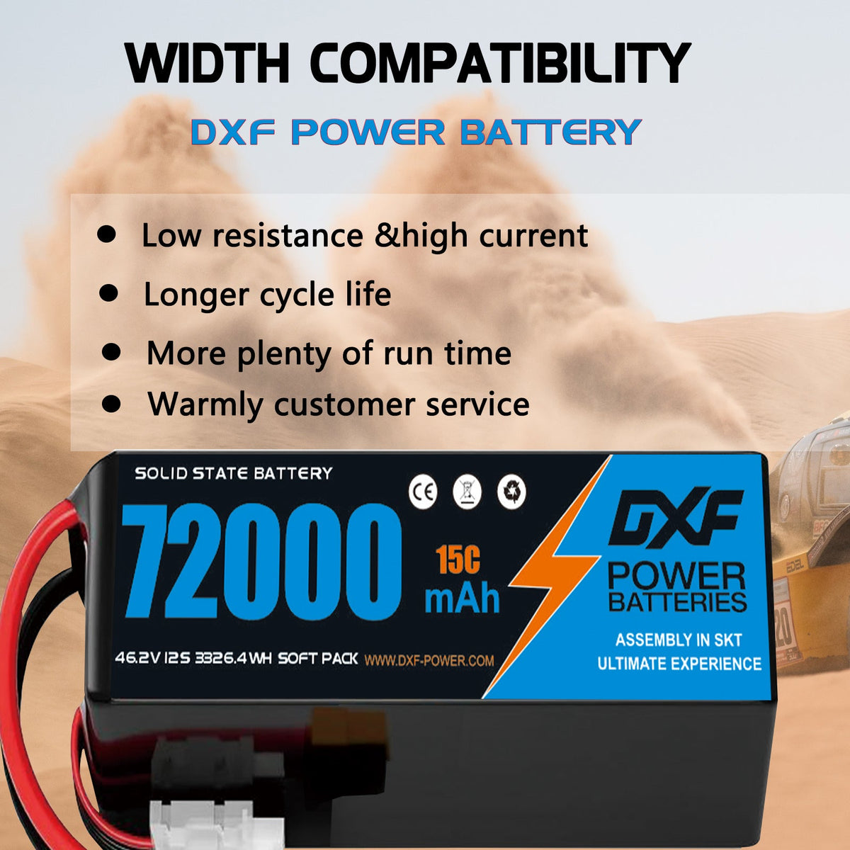 DXF SEMI-SOLID 12S 46.2V 72000mAh 15C Soft Case LiPo Battery with 8AWG Wire for Toy Cars, Boats, UAVs & Drones (1-6 Pack)