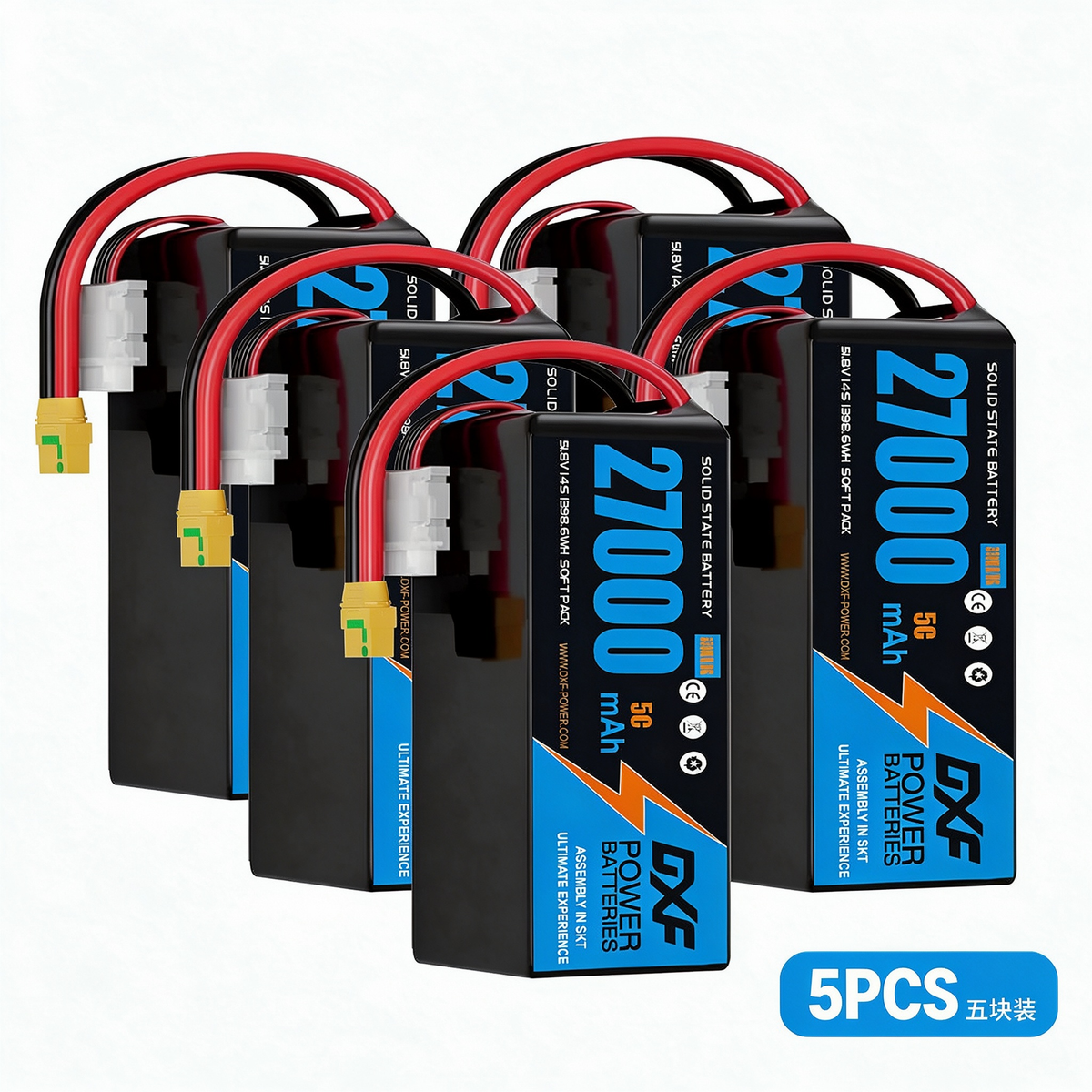 DXF SEMI-SOLID 14S 51.8V 27000mAh 5C Soft Case LiPo Battery with 8AWG Wire for Toy Cars, Boats, UAVs & Drones (1-6 Pack)